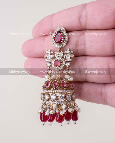 1257-R single premium Victorian red bridal jhumka earring close-up view