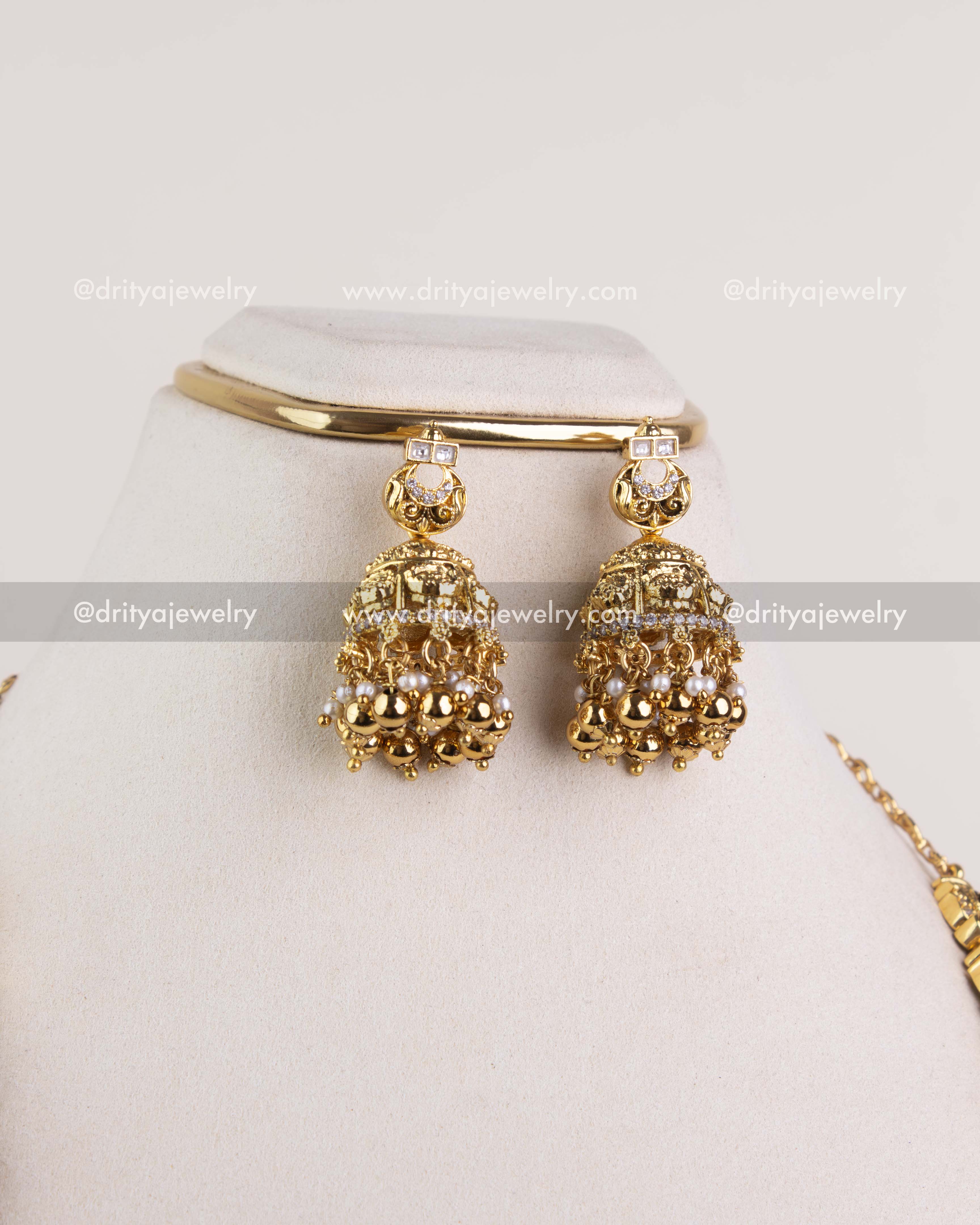 1238 - Bridal temple jhumka earrings front view with bead drops