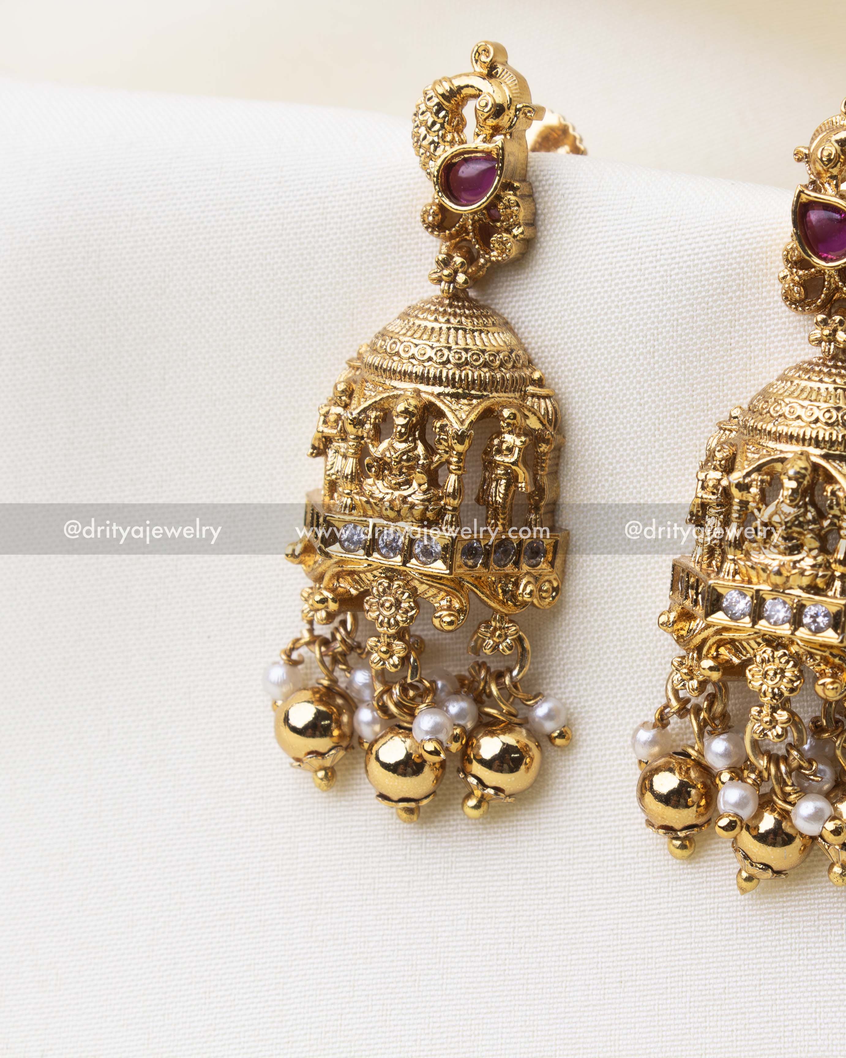 1219-R temple god idol jhumka earring close-up showing dome and bead drops