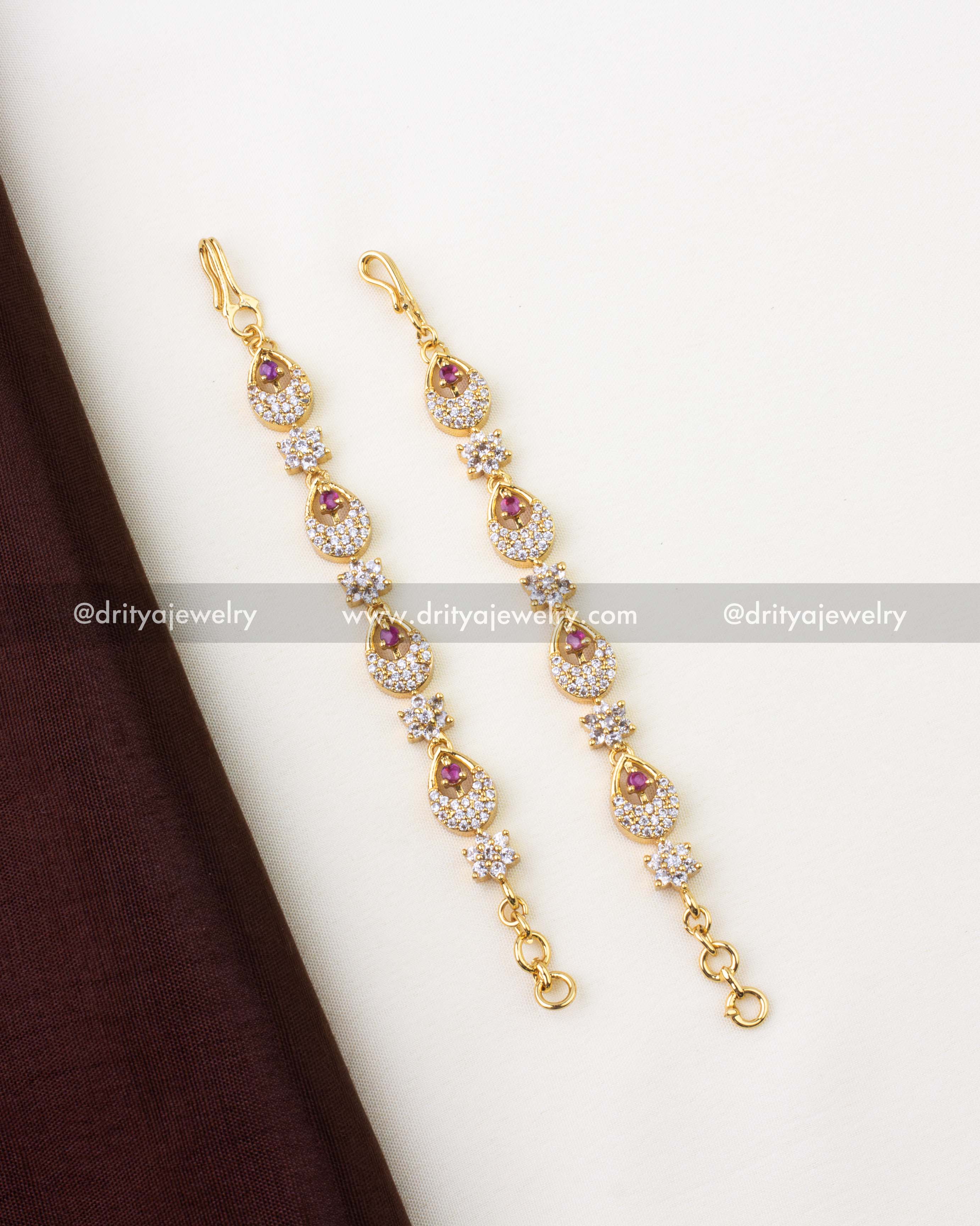 1302-R full-length view of CZ-studded gold matilu hair chain with teardrop and floral links
