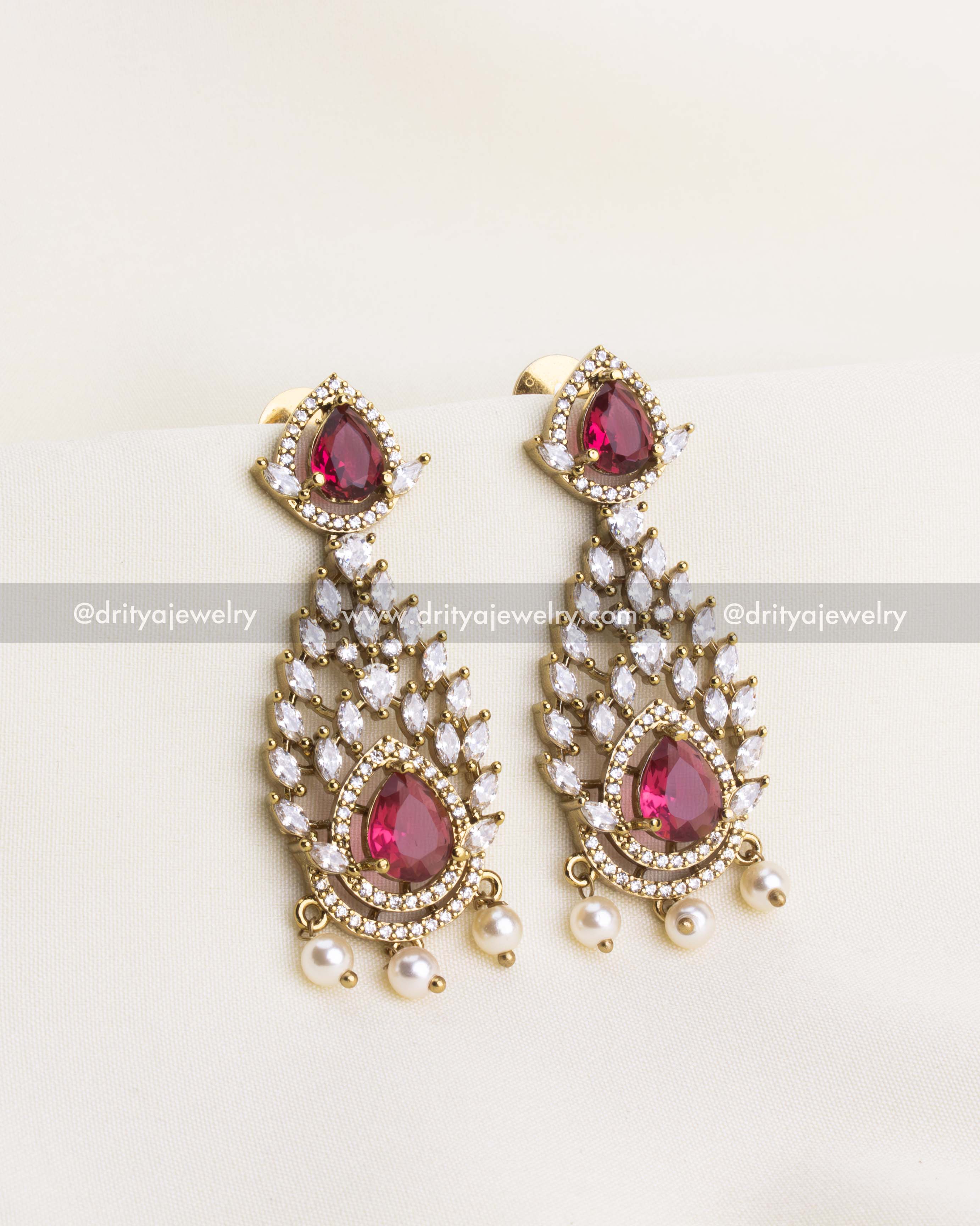 1187 - Close-up of Victorian CZ ruby dangler earrings front view