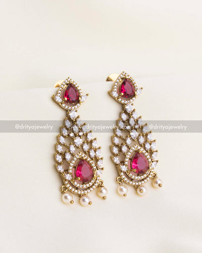 1187 - Close-up of Victorian CZ ruby dangler earrings front view