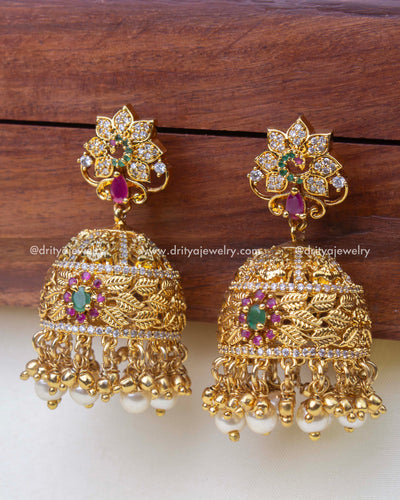 1241-GO premium temple jhumka earrings front view with pearl hangings