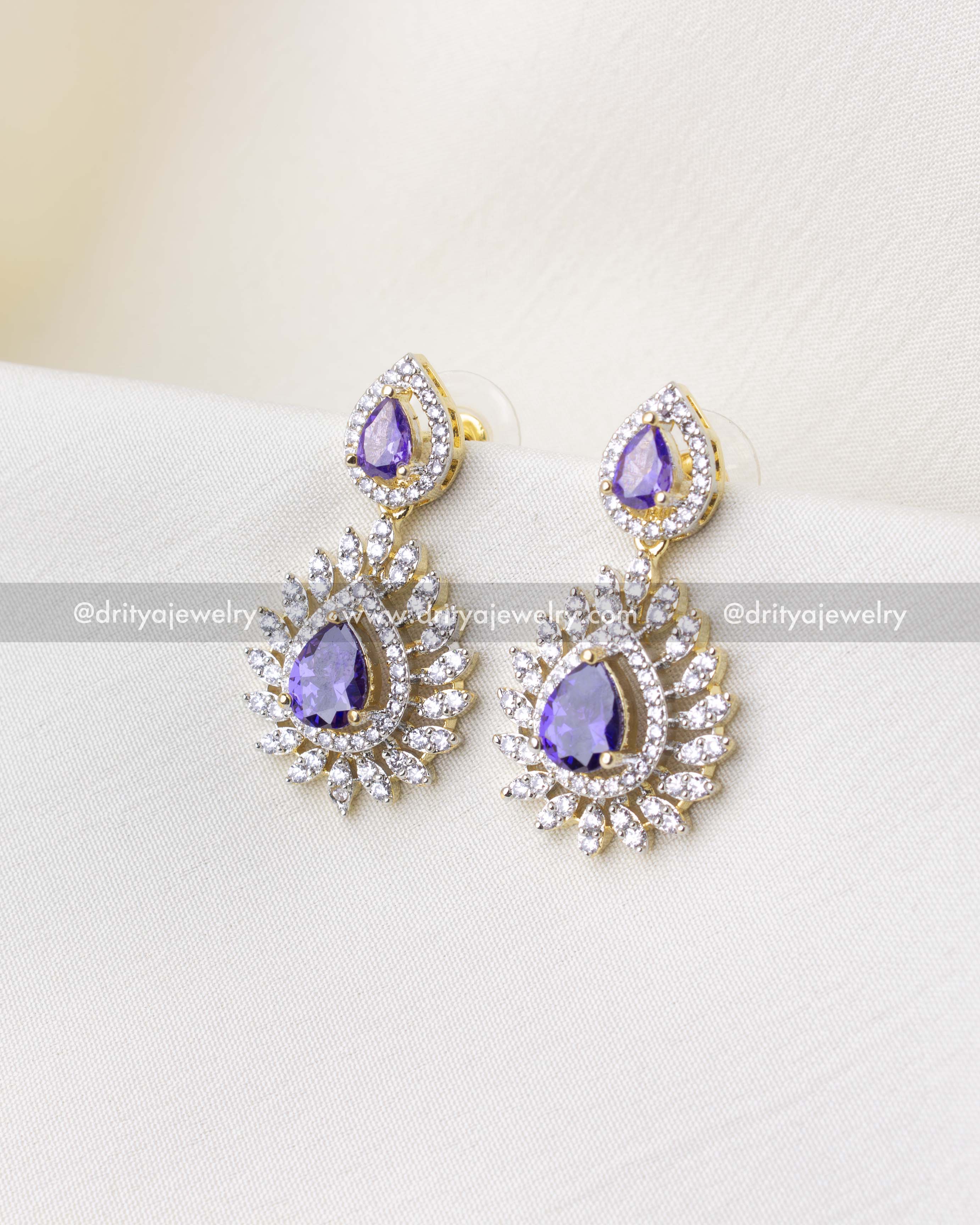 1287-PU - Purple stone diamond replica earrings front view