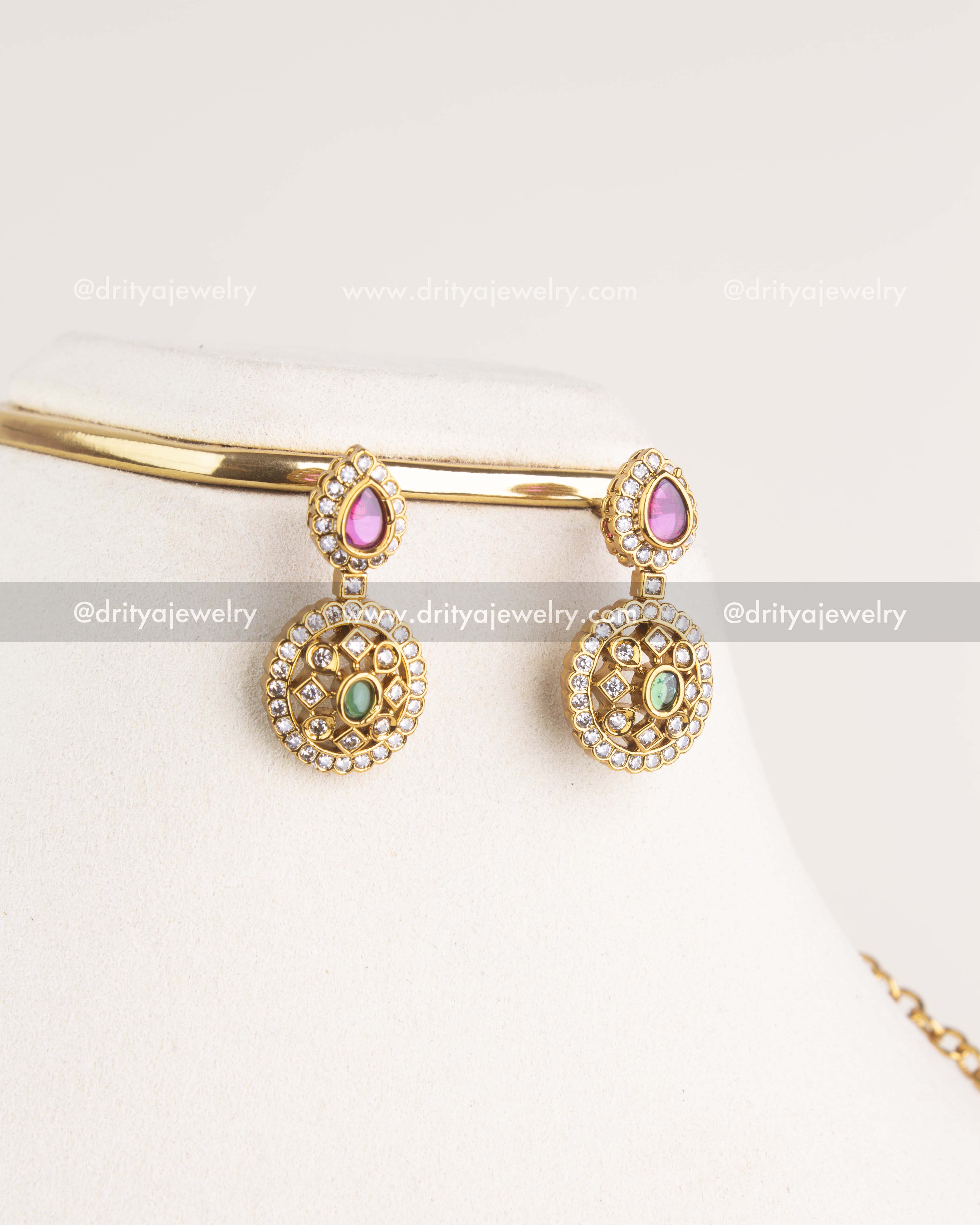 SKU 1153 Necklace Set close-up of matching drop earrings with pear and round stone design