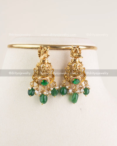 1117-G - Necklace Set - Matching temple-style drop earrings with emerald stones and beads