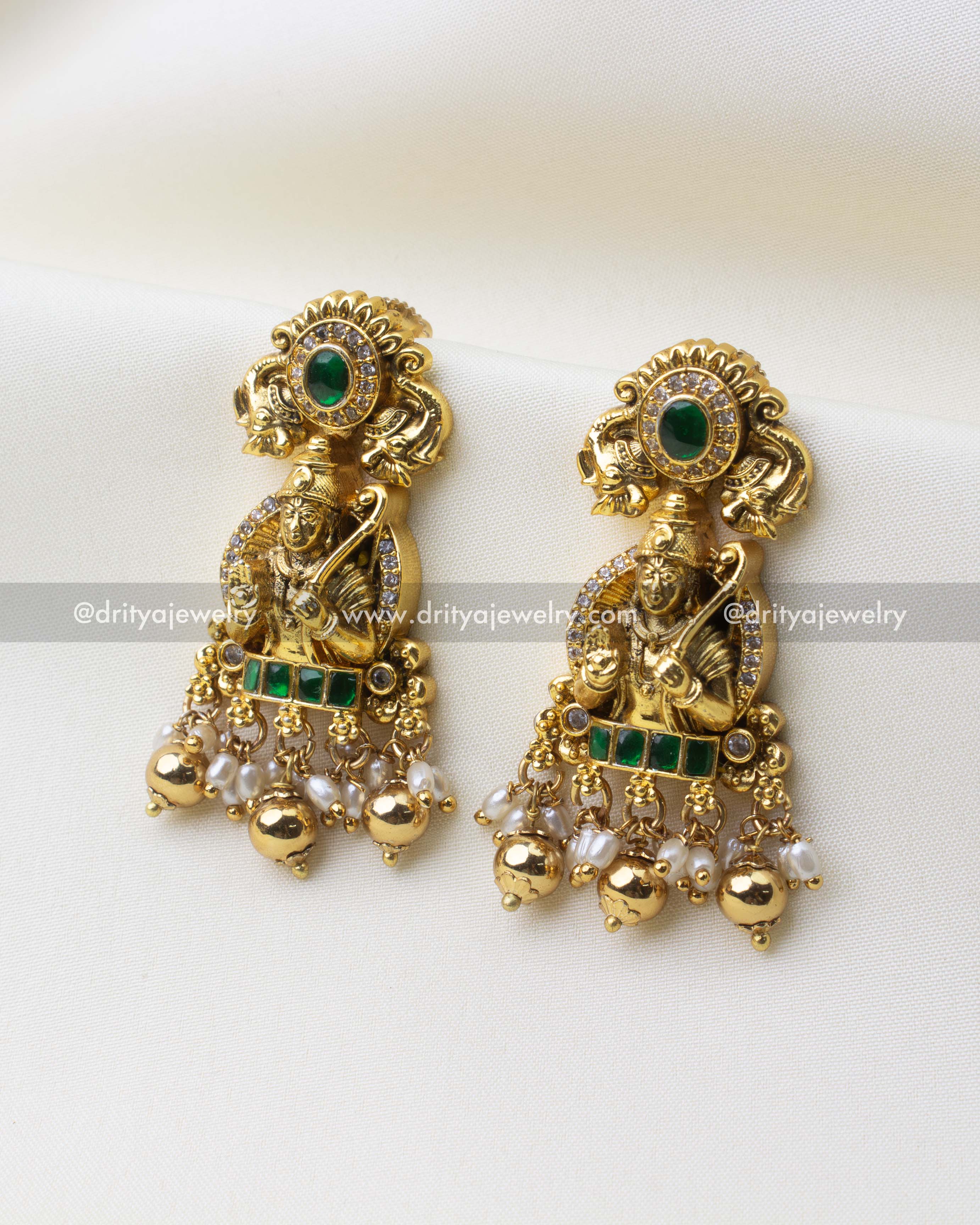 SKU 1221 Ram Parivar temple earrings front view with green stones and pearl bead drops