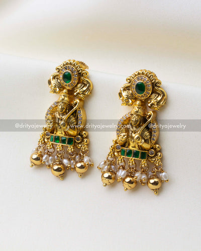SKU 1221 Ram Parivar temple earrings front view with green stones and pearl bead drops