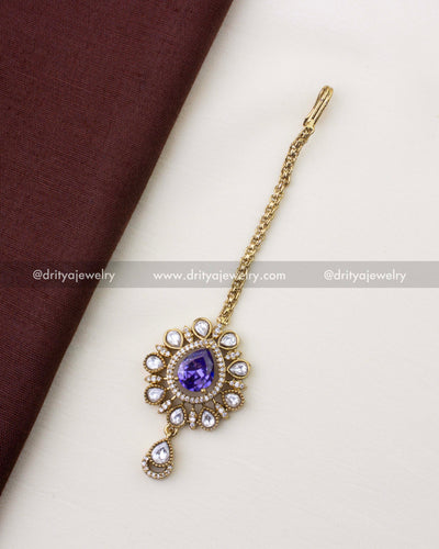 1237-PU maang tikka with purple centre stone and polki kundan detailing