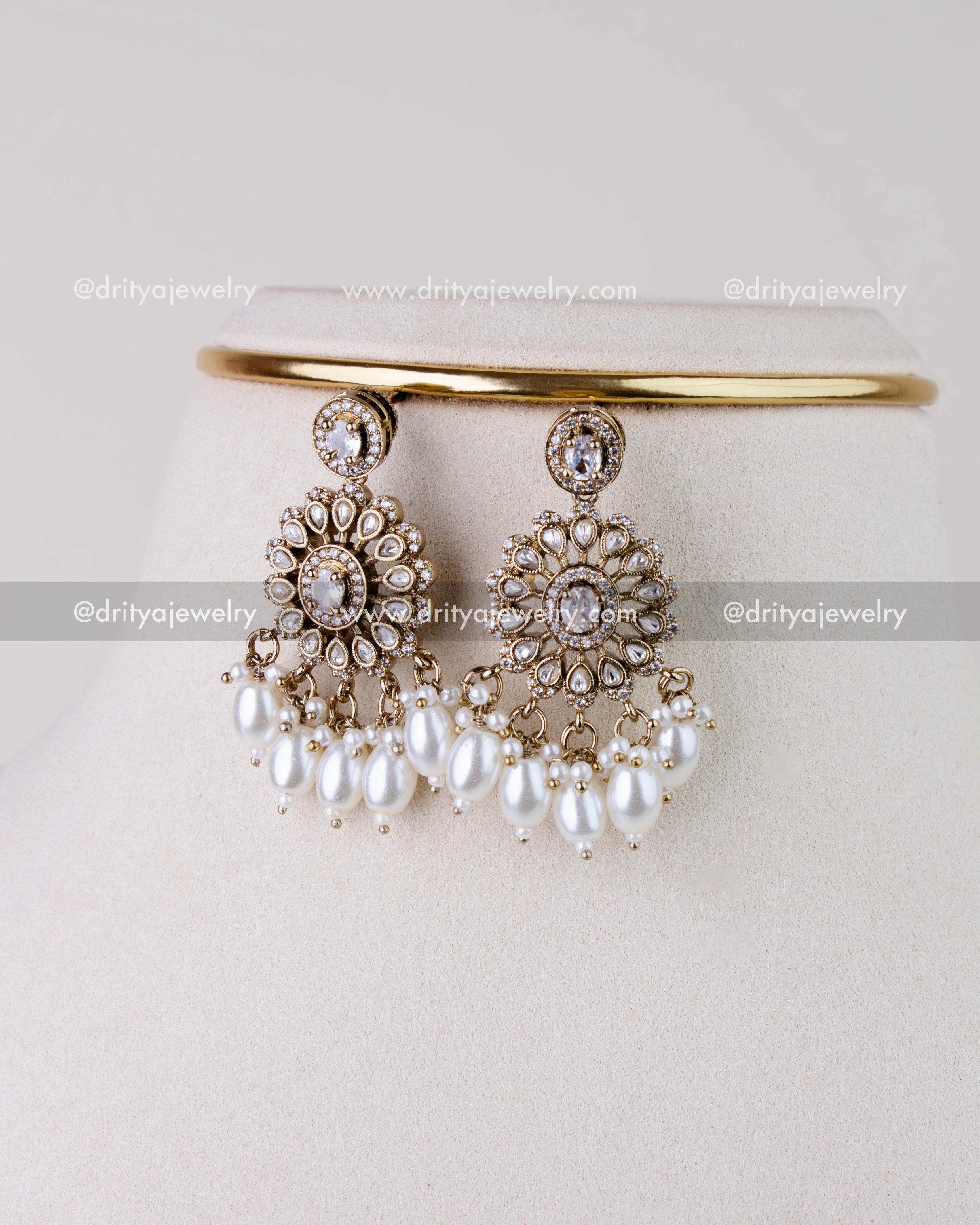 1271-W matching Victorian kundan earrings with CZ stones and pearl-like drops close view