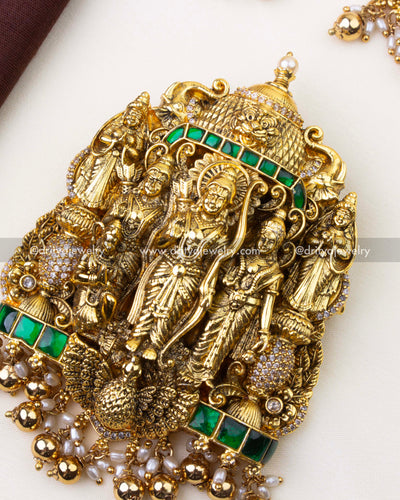 SKU 1221 close-up of Ram Parivar temple pendant with green stone panel and bead drops