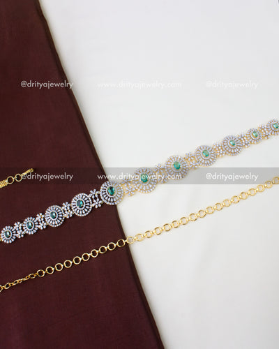 1291-RE full view of emerald and CZ hip chain with adjustable gold links