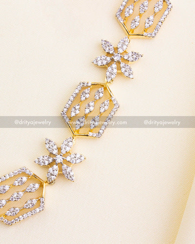 SKU 1183 close-up of floral and hexagon CZ detailing on necklace set