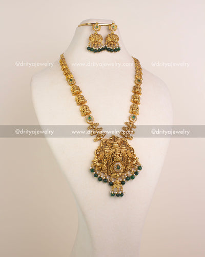 1240-G premium Lakshmi temple long necklace set with matching green bead jhumka earrings front view