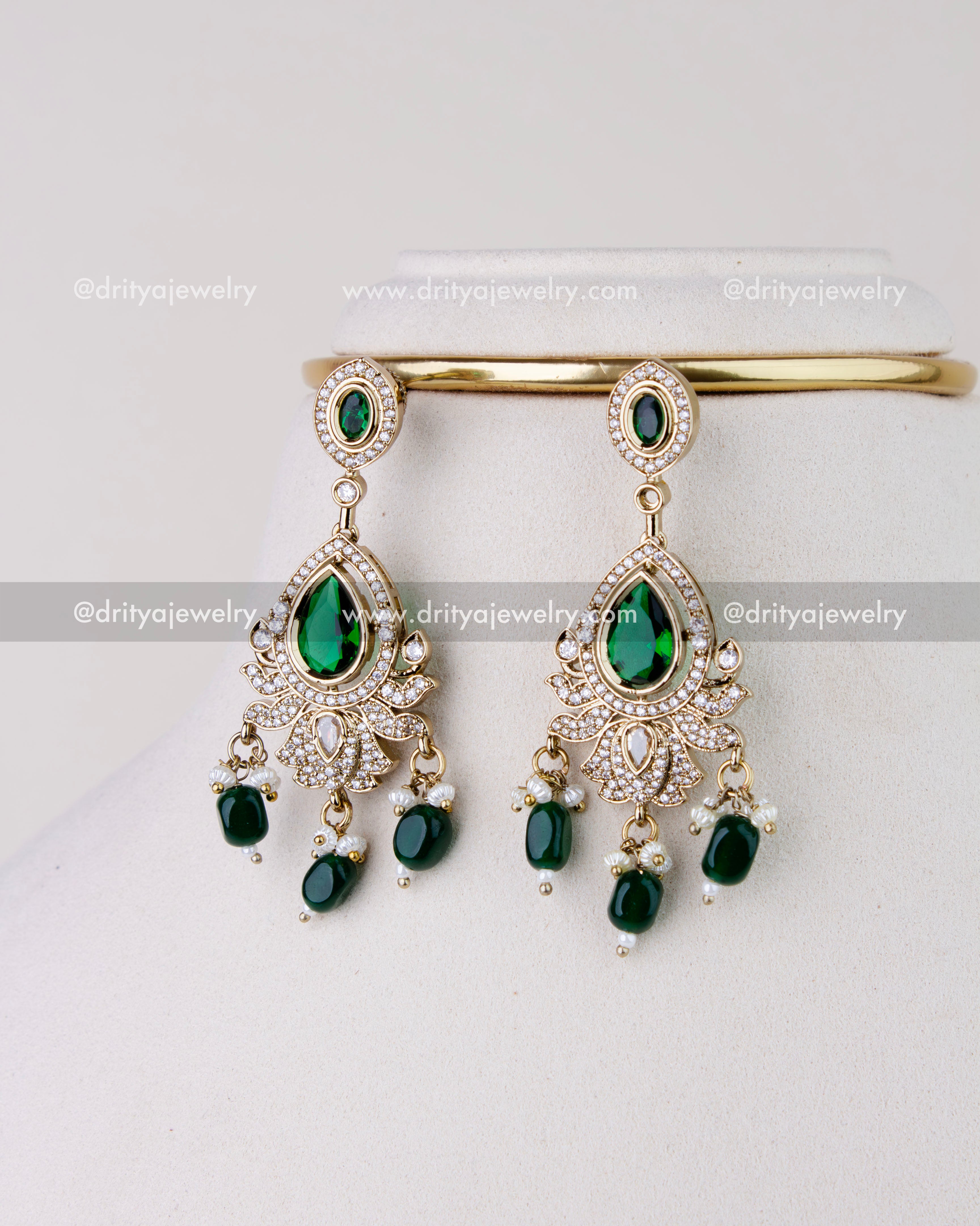 1275-G matching emerald stone-studded dangler earrings with bead drops