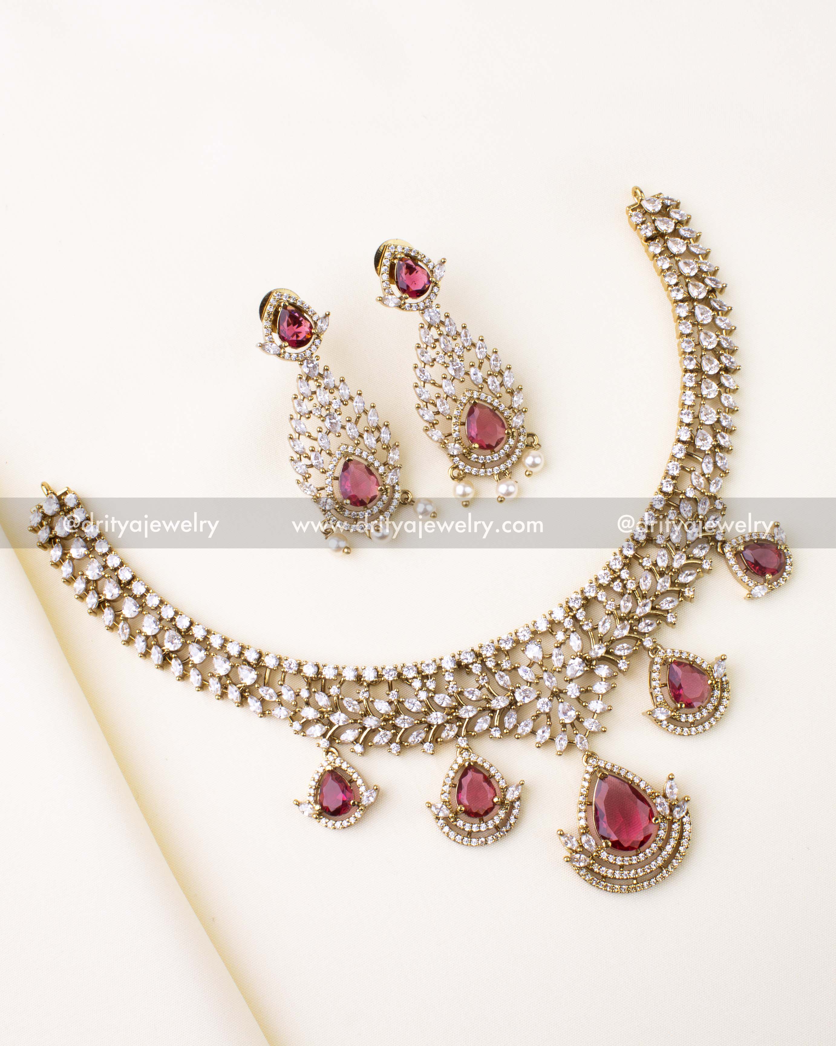 1187 - Complete Victorian CZ ruby short necklace set with earrings