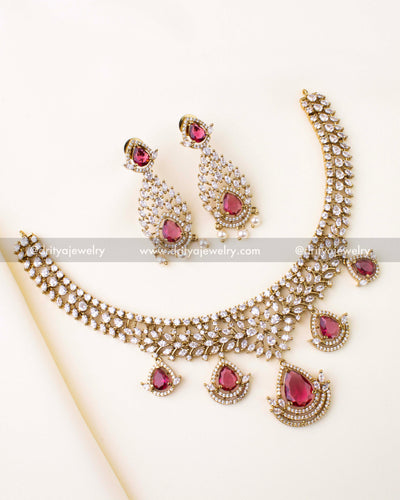 1187 - Complete Victorian CZ ruby short necklace set with earrings
