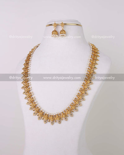 1279-G premium god idol mango motif necklace set with jhumka earrings front view