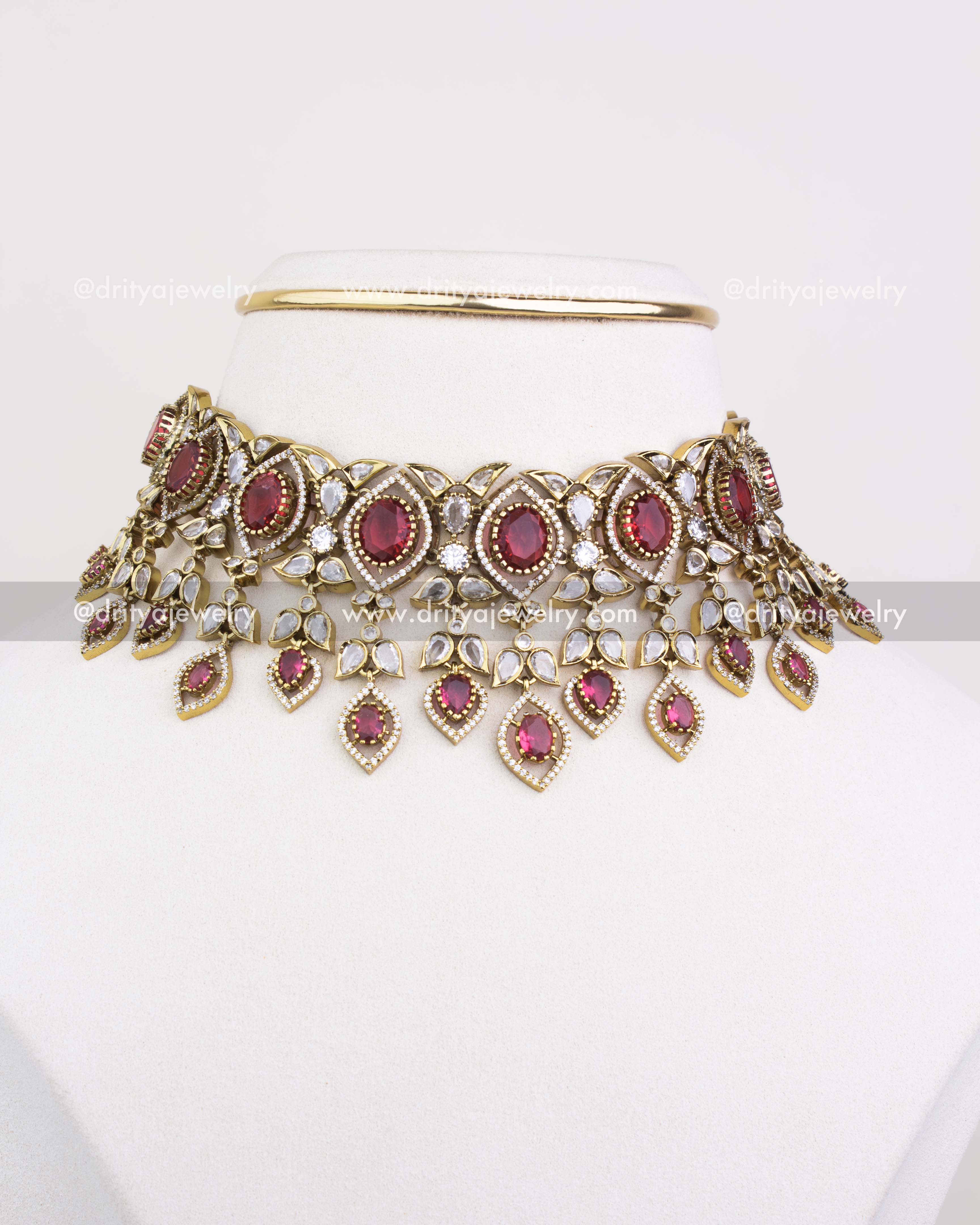 1236-R premium Victorian red stone choker necklace set full front display