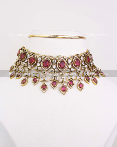 1236-R premium Victorian red stone choker necklace set full front display
