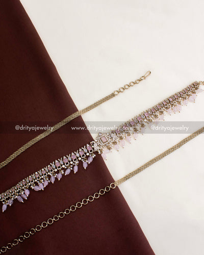 1130-BP full-length view of blush pink Victorian hip chain with adjustable waist belt chain