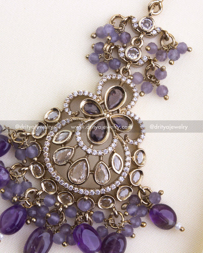 610-PU - Maang Tikka - Close-up view showing Victorian design and purple bead drops