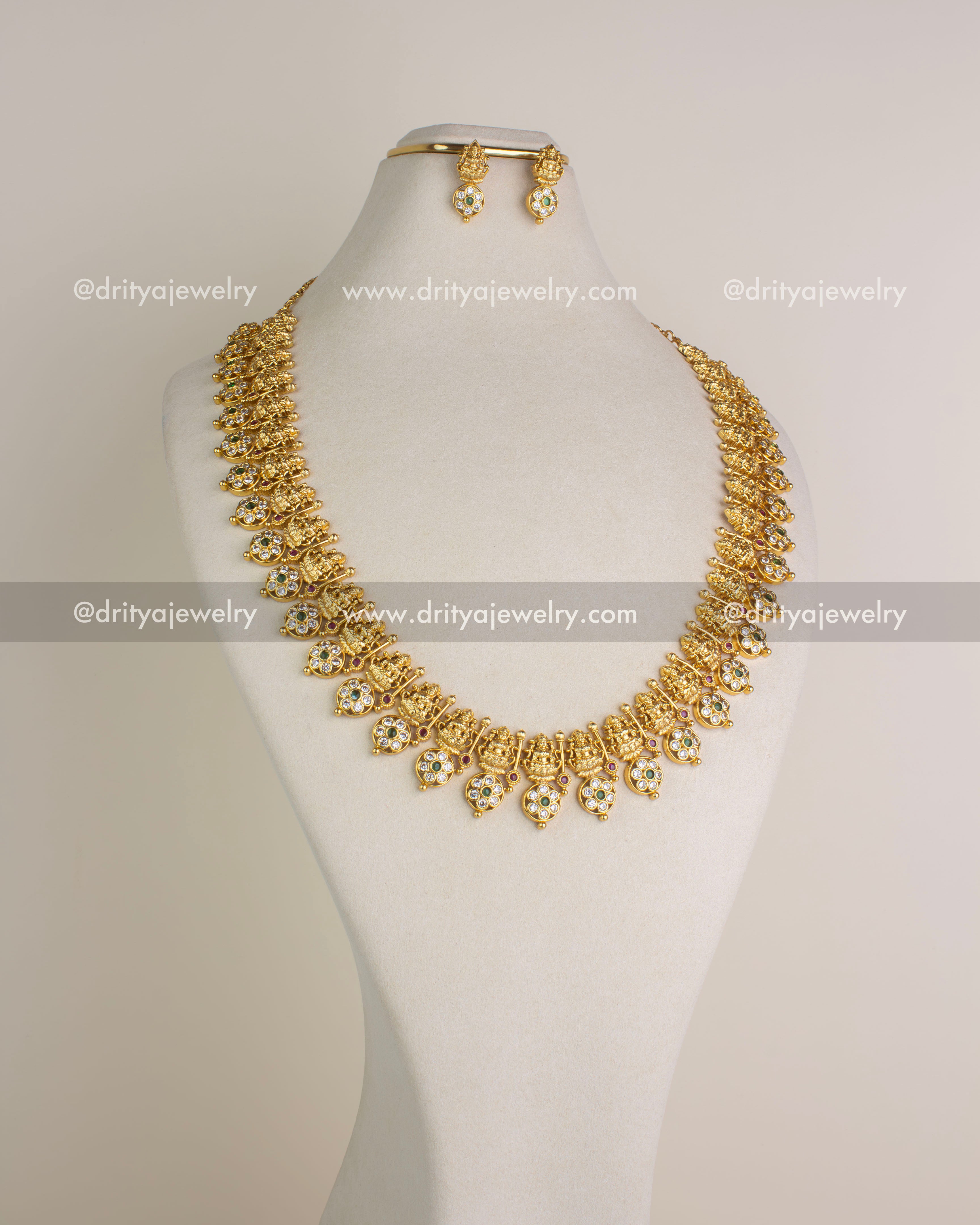 SKU 1145 Necklace Set full front view of long temple necklace with matching earrings on bust
