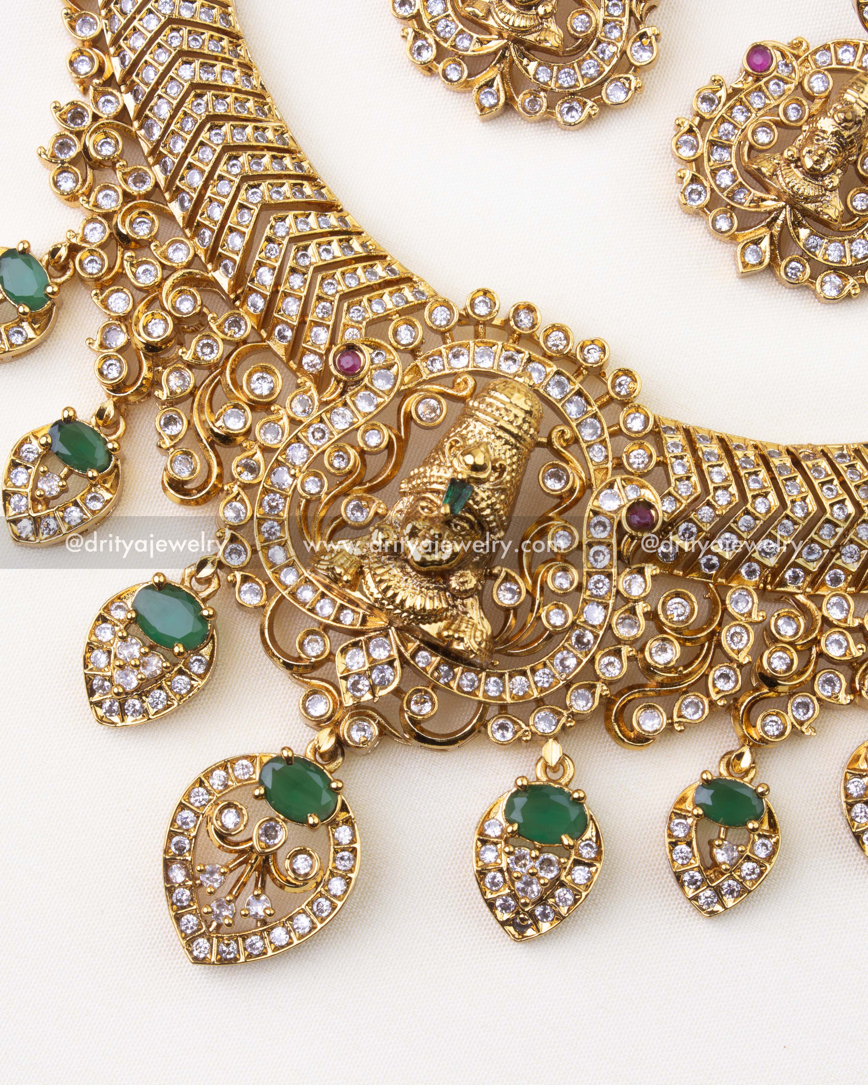 1223-G close-up of Venkateswara pendant with green stone drops