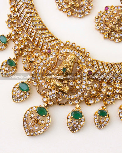 1223-G close-up of Venkateswara pendant with green stone drops
