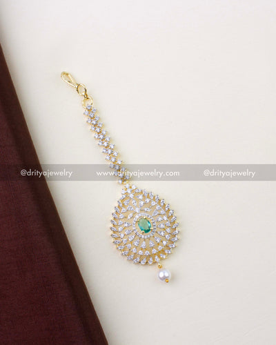 1293-RE premium emerald and CZ maang tikka full view with pearl drop