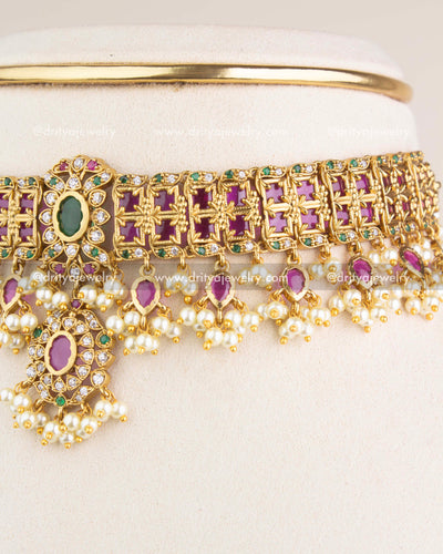 SKU 1140 Necklace Set angled close-up of choker band showing ruby panels and pearl clusters