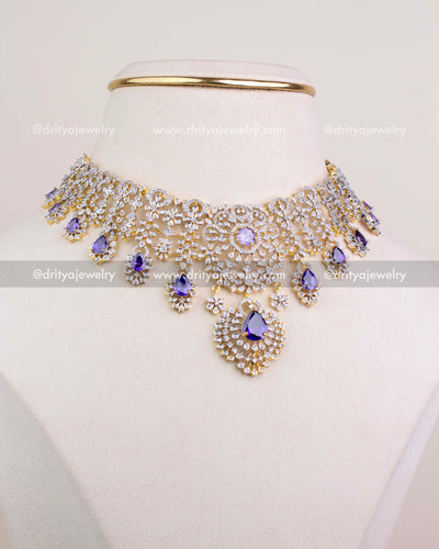 Front close view of purple CZ stone short necklace showing intricate floral detailing