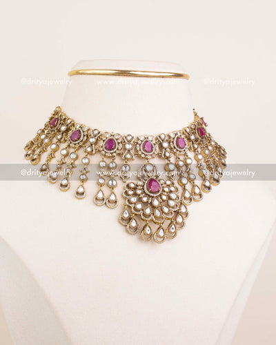 1237-P Victorian-style ruby pink kundan choker necklace full frontal view