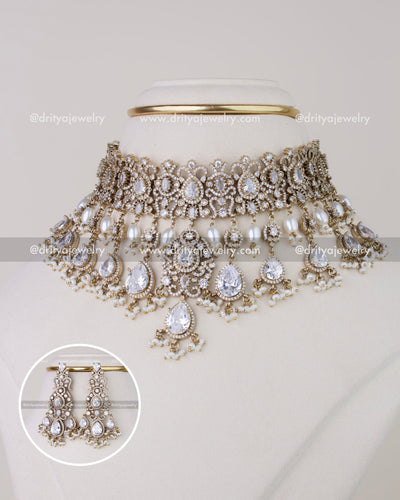 1023-W bridal Victorian CZ choker necklace set with earrings front view