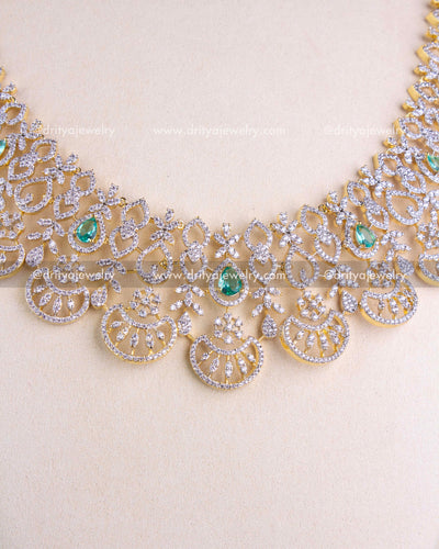 1208-RE front section of bridal CZ necklace with crescent motifs and emerald drops