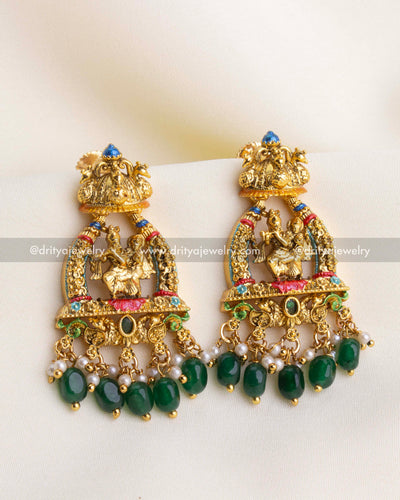 SKU 1115 Necklace Set - close-up of Krishna idol earrings with green bead and pearl drops