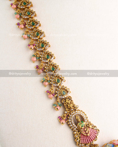 1197 Necklace Set side view of temple-style chain with green stones and bead hangings