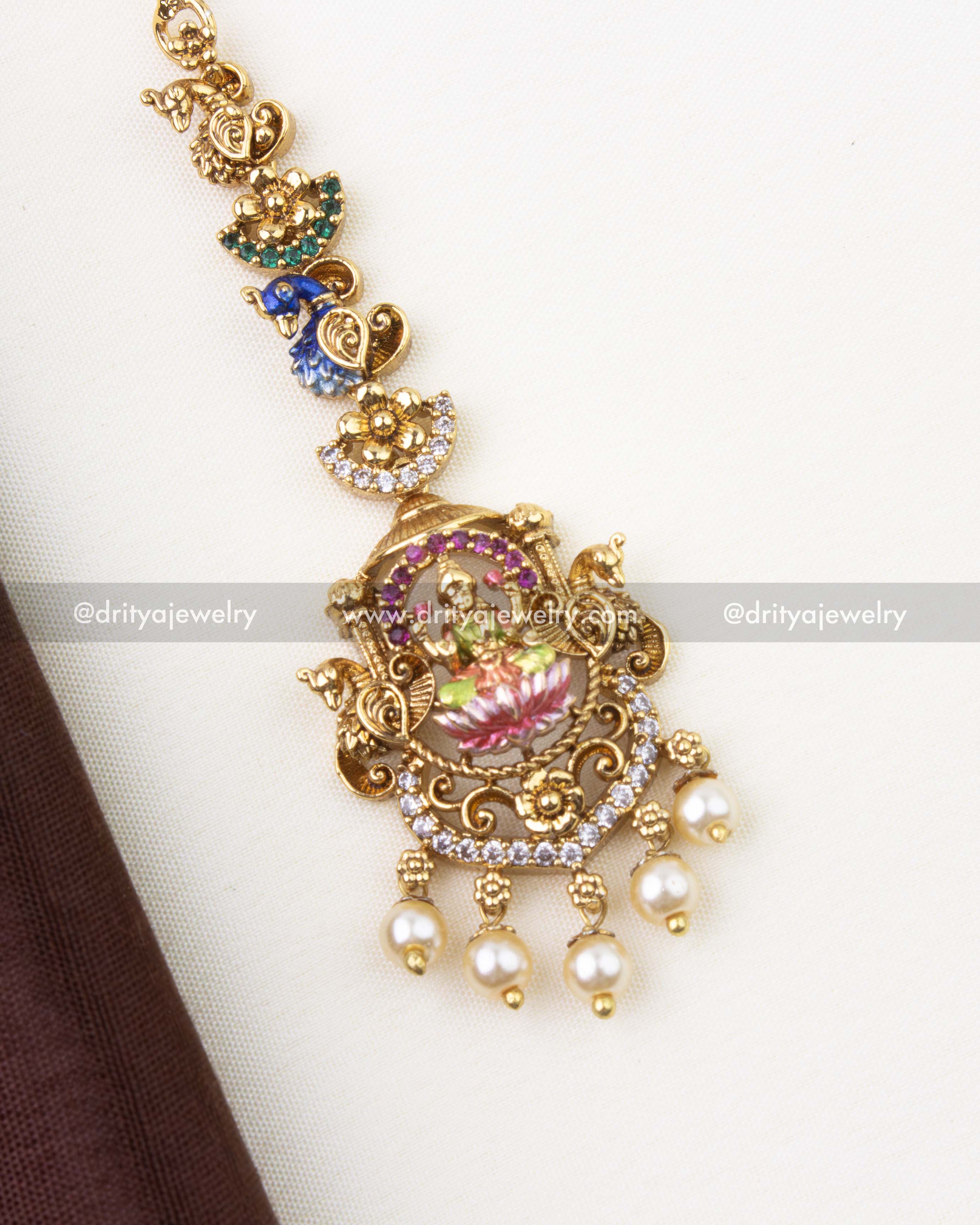1299 - Lakshmi temple meenakari maang tikka close-up with pearl drops