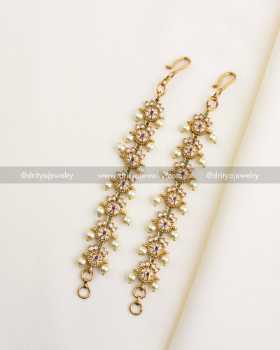 Full view of SKU 1137 antique CZ stone anklet pair showing hooks and ring closures