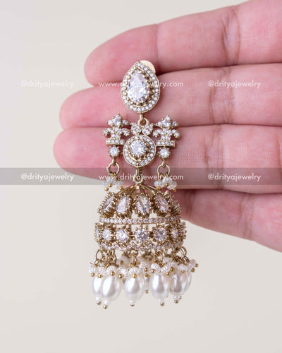 1257-W single Victorian CZ bridal jhumka earring close-up with pearl hangings