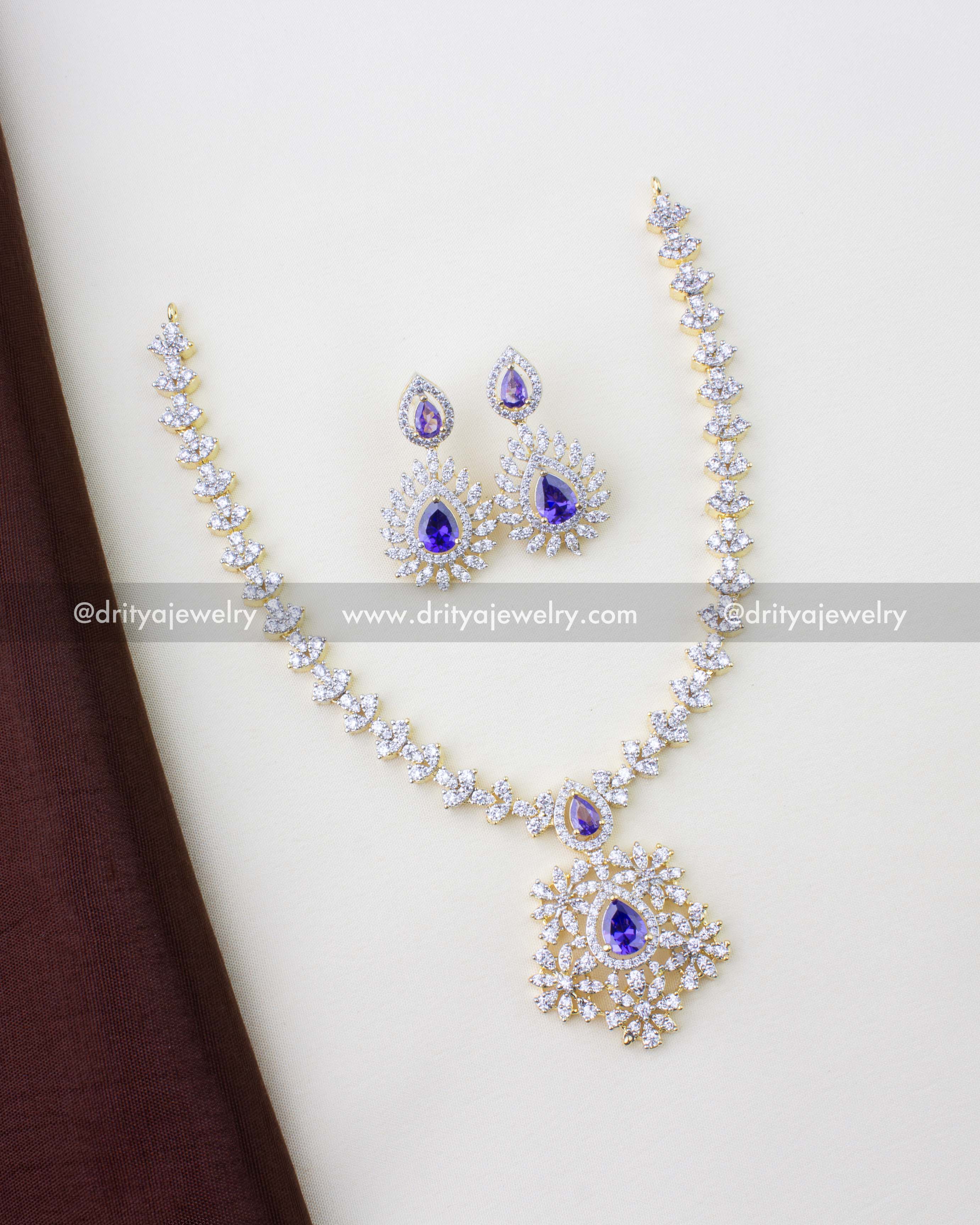 1287-PU - Complete purple stone premium diamond replica necklace set