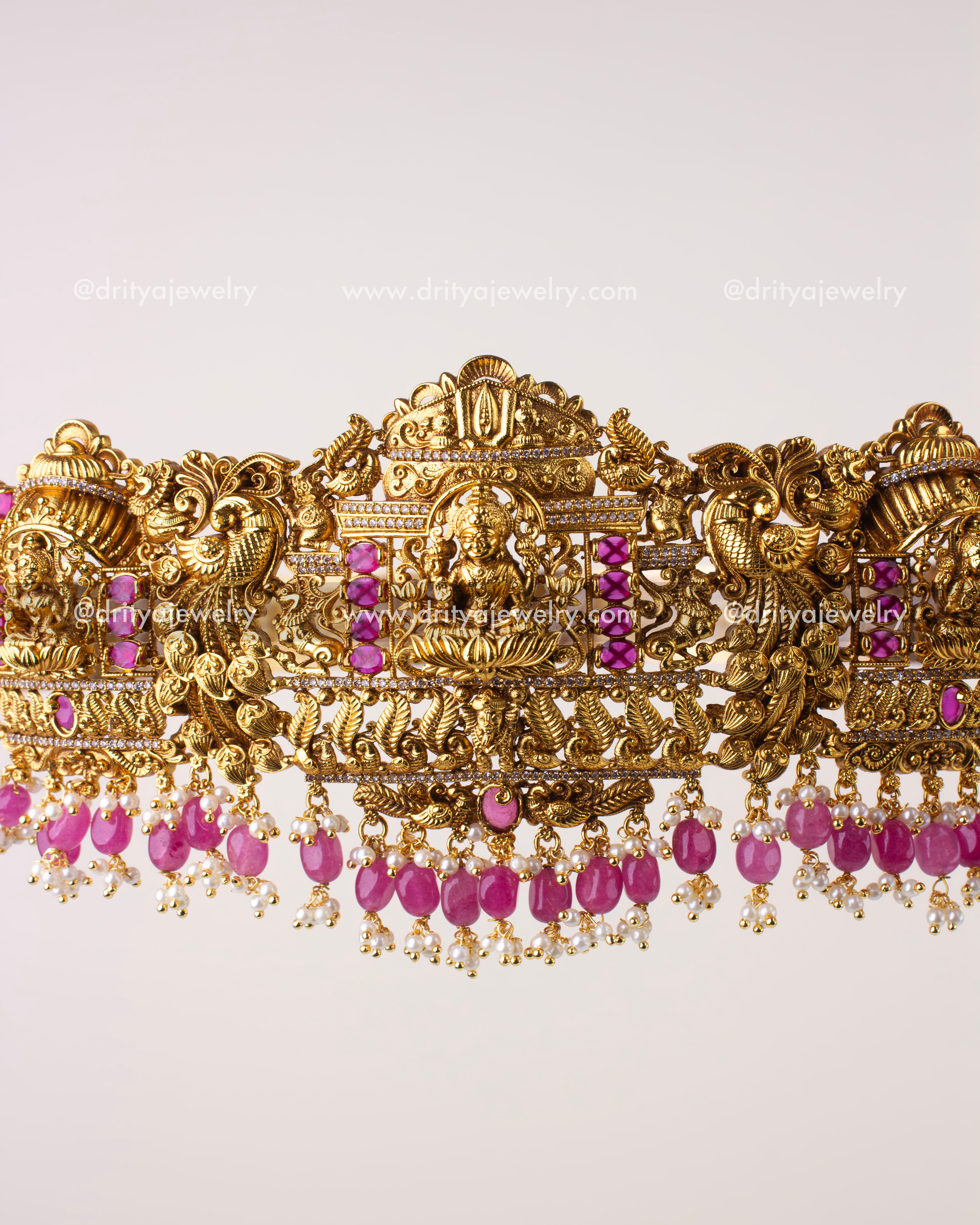 1207-WB detailed front focus of temple waist belt with layered pink beads