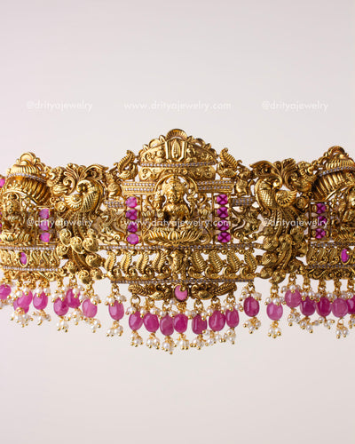 1207-WB detailed front focus of temple waist belt with layered pink beads