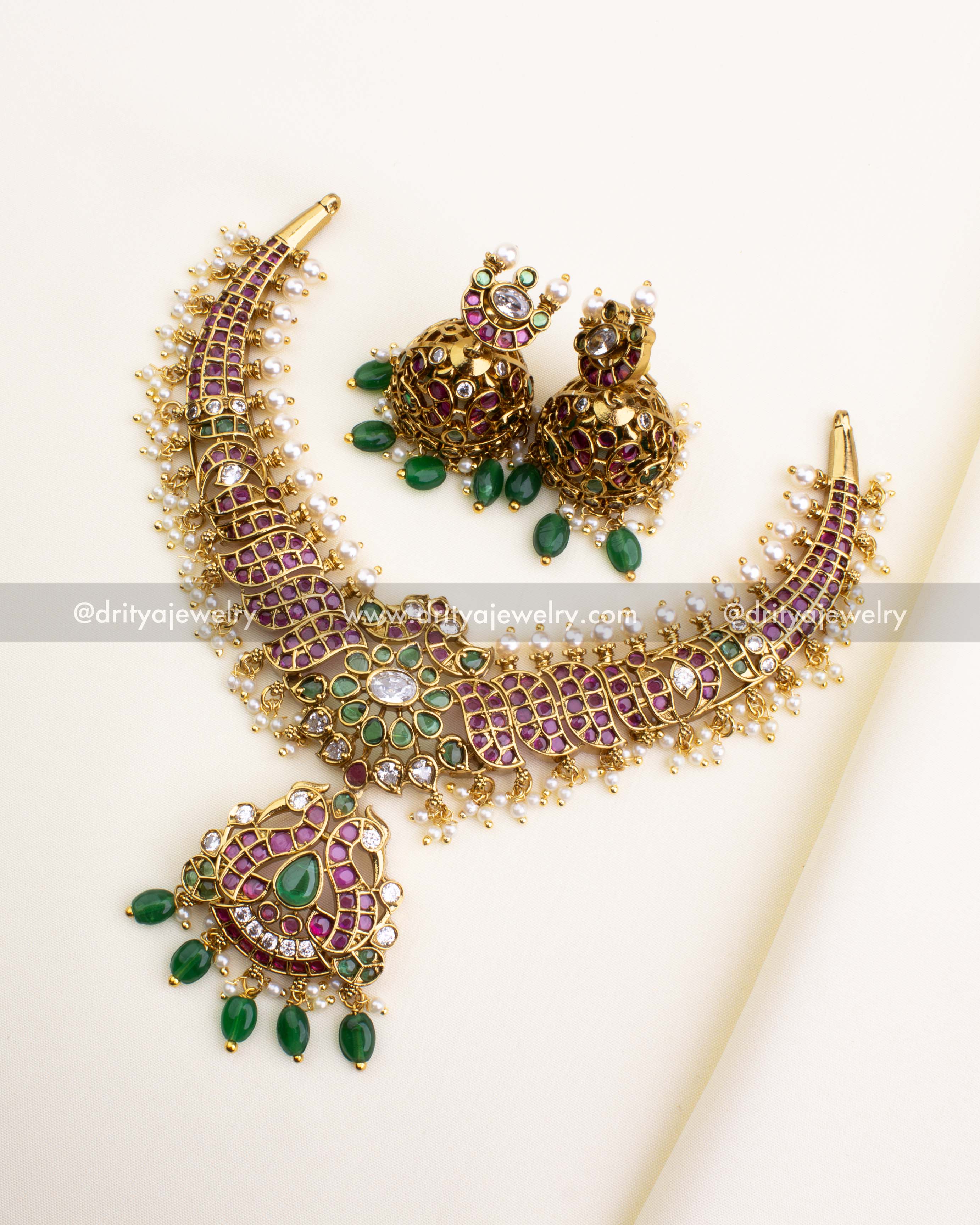 1202 - Complete premium butta stone short necklace set with jhumkas