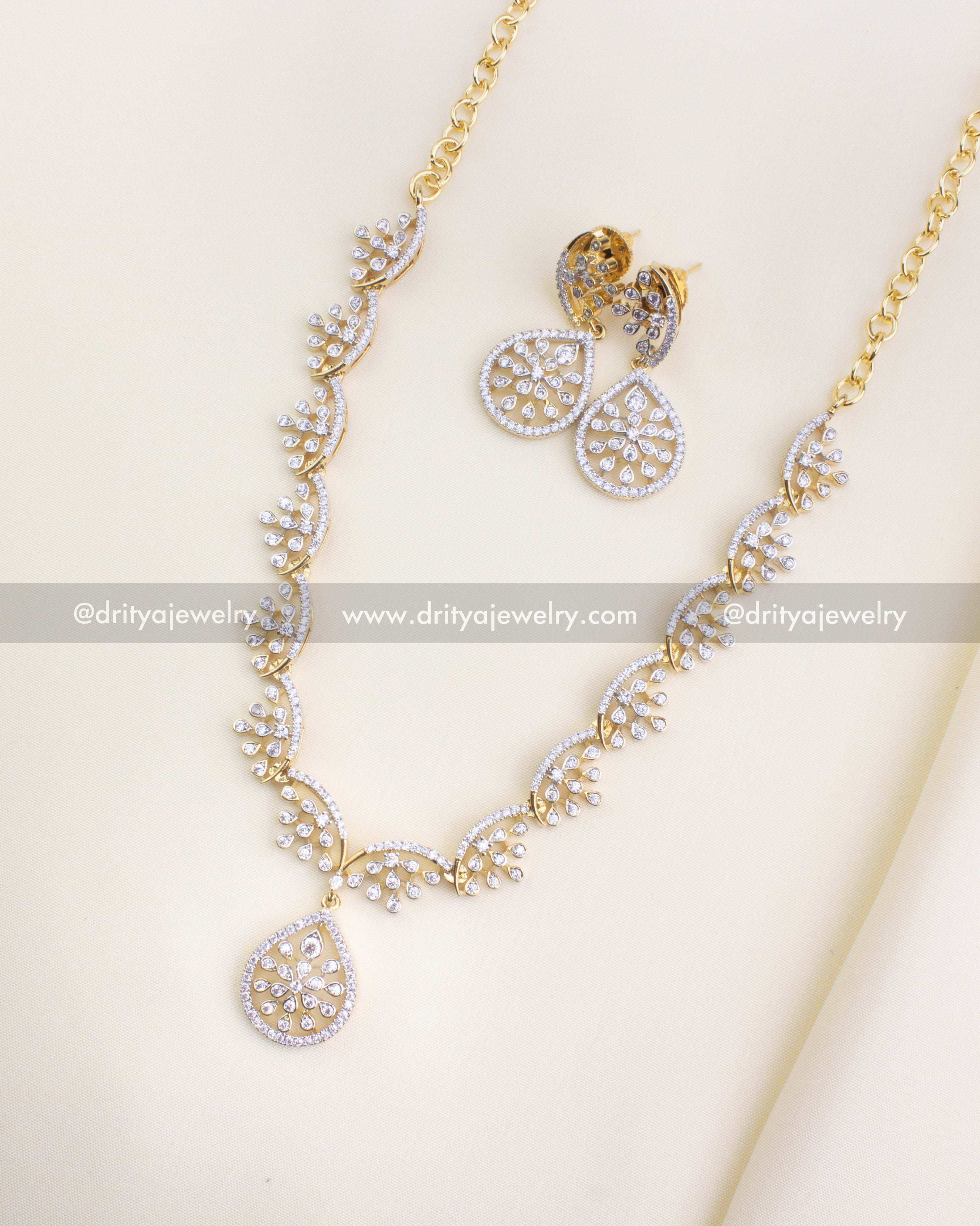 SKU 1151 Necklace Set - Full view of diamond replica short necklace with matching studs