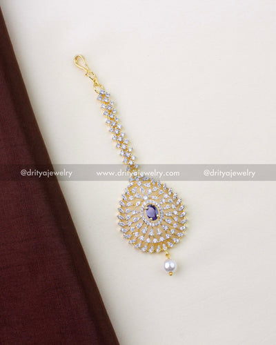 1293-PU premium purple stone diamond replica maang tikka full view