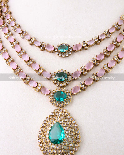 1296-BP necklace close-up with three layers and mint green center drops