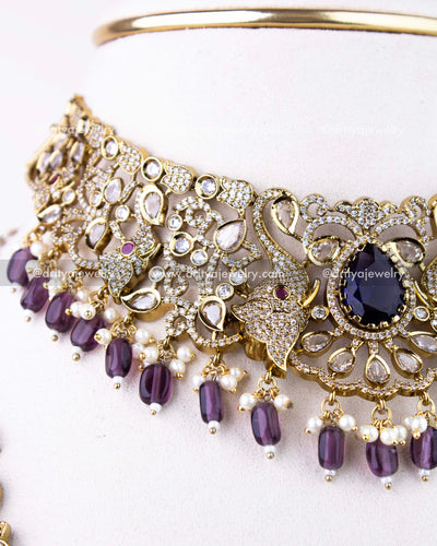 1309-PUSET Victorian choker close-up with purple drops and intricate stone-studded motifs