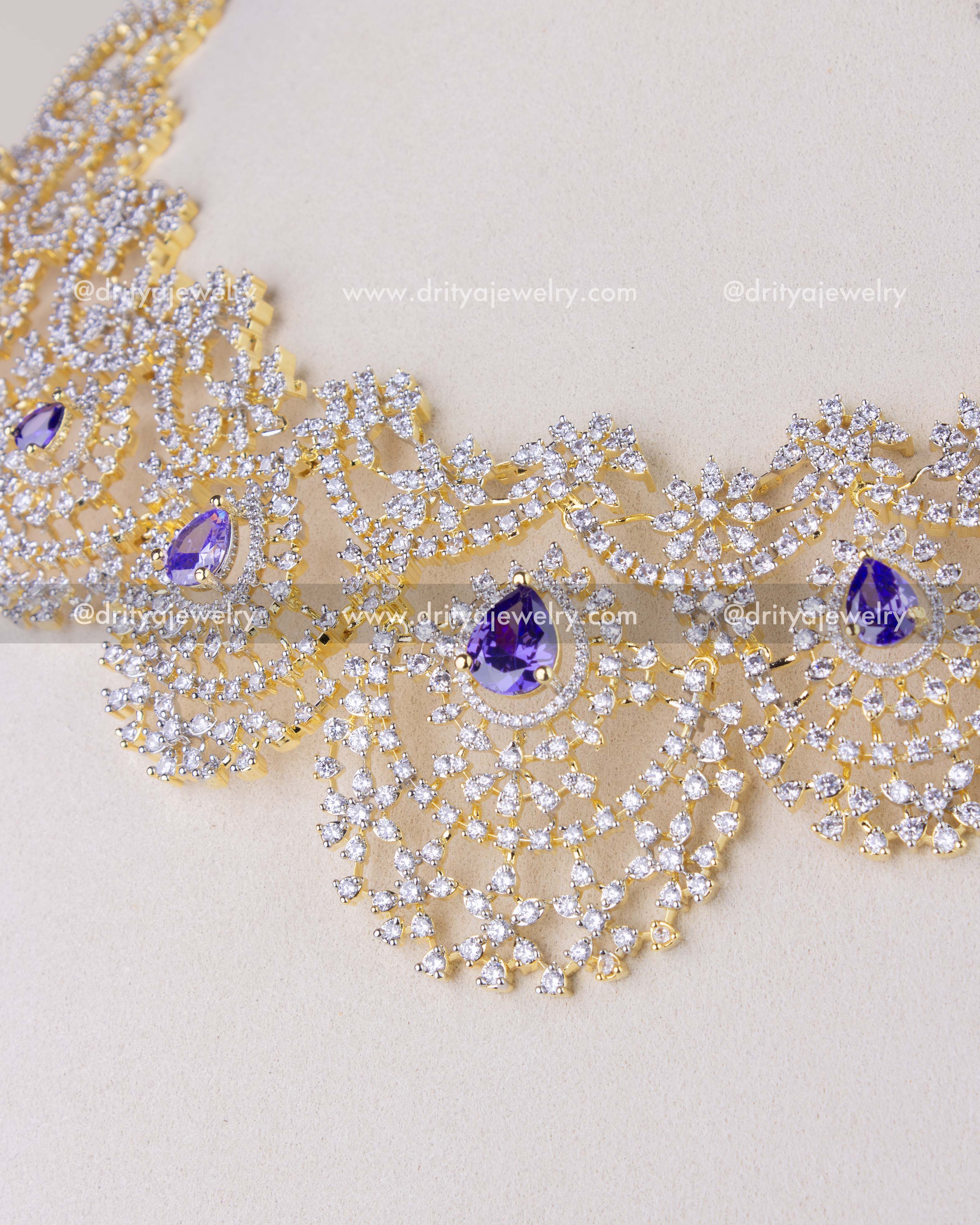 1278-PU detailed side view of premium diamond replica short necklace with CZ stones