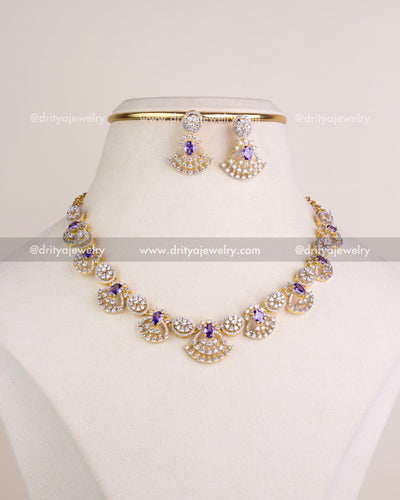 1211-PU premium CZ and purple stone short necklace set with matching earrings front view